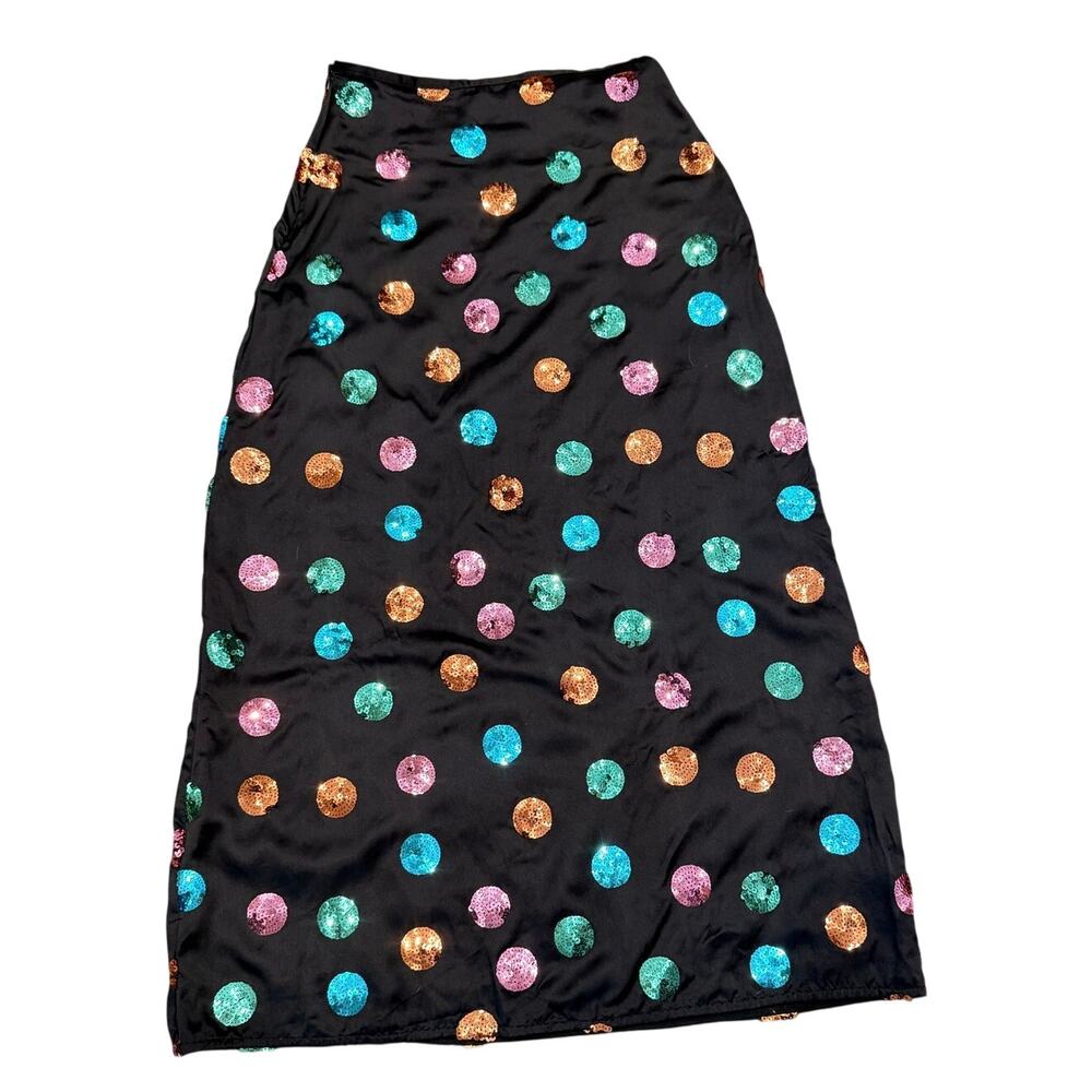 RIXO Kelly Polka Dot Sequin Midi Skirt Black Multicolor Size Small - Picture 5 of 9
